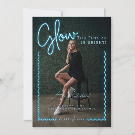 Modern Glow Script Blue Neon Wavy Afstuderen Foto Aankondiging (Voorkant)