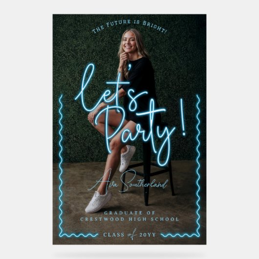 Modern Glow Script Blue Neon Wavy Afstuderen Foto Acryl Bord (Voorkant)