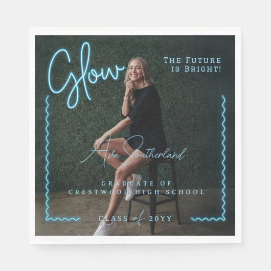 Modern Glow Script Blue Neon Wavy Afstuderen Foto Servet (Voorkant)