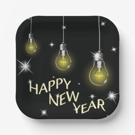 Modern Glowing Light Bulbs Happy New Year Papieren Bordje (Voorkant)