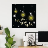 Modern Glowing Light Bulbs Happy New Year Poster (Thuiskantoor)