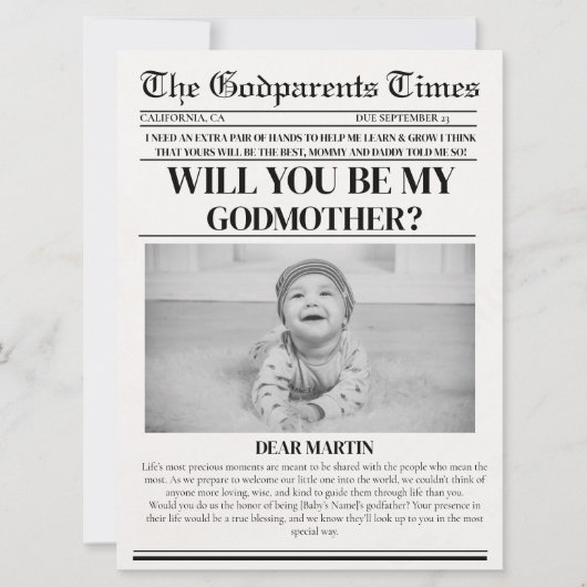 Modern Godparent Proposal Newspaper Doop Kaart (Voorkant)