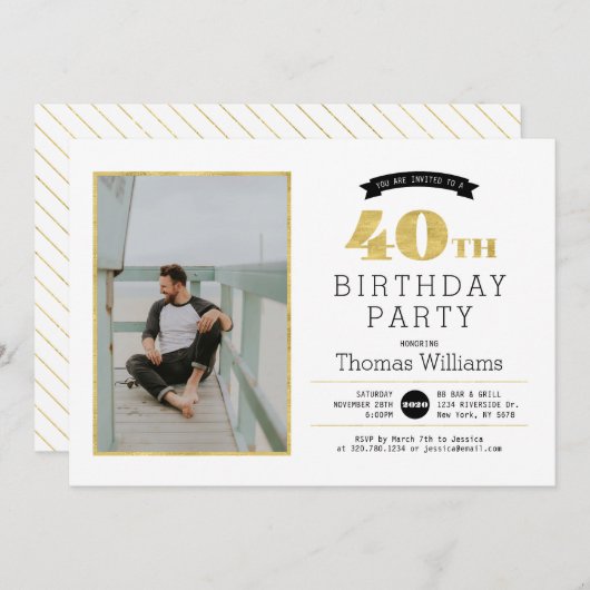 Modern Gold 40e verjaardag Fotouitnodiging Kaart (Voorkant / Achterkant)