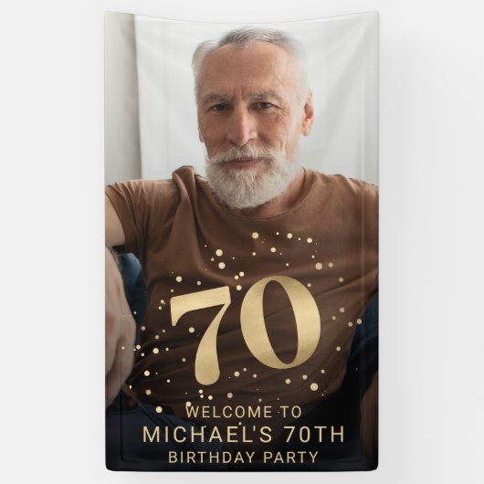 Modern Gold 70th Photo Birthday Welcome Party Spandoek (Verticaal)