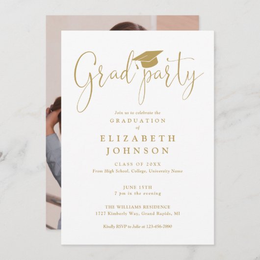 Modern Gold Afstudeerder Party Script Foto Afstude Kaart (Voorkant / Achterkant)