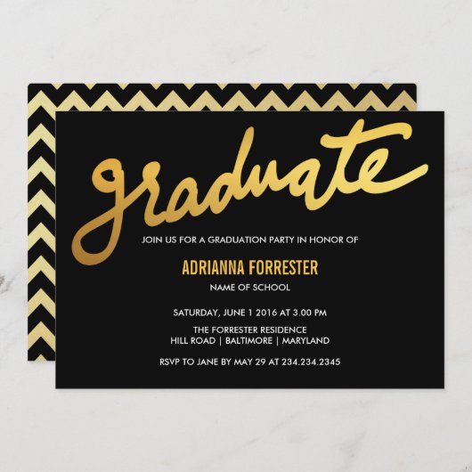 Modern Gold Afstuderen Typografie Black Chevron Kaart (Voorkant / Achterkant)
