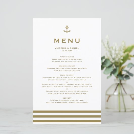 Modern Gold Anchor Nautical Wedding Menu Card (Staand voorkant)