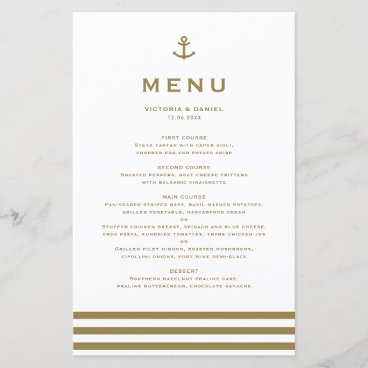 Modern Gold Anchor Nautical Wedding Menu Card (Voorkant)