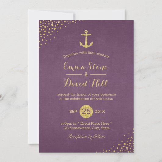 Modern Gold Anchor Nautical Wedding Paars Kaart (Voorkant)