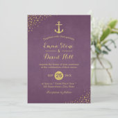 Modern Gold Anchor Nautical Wedding Paars Kaart (Staand voorkant)
