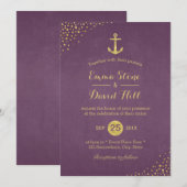 Modern Gold Anchor Nautical Wedding Paars Kaart (Voorkant / Achterkant)
