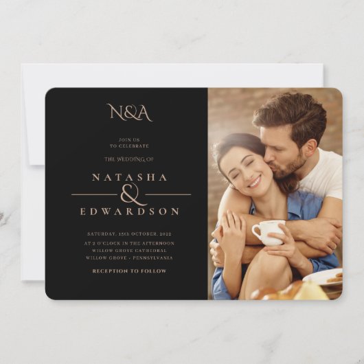 Modern Gold and Black Abstract Photo Wedding Kaart (Voorkant)