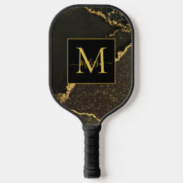 Modern Gold and Black Marbled Monogram Pickleball Paddle