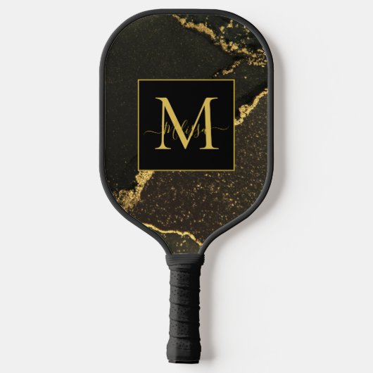 Modern Gold and Black Marbled Monogram Pickleball Paddle (Achterkant)