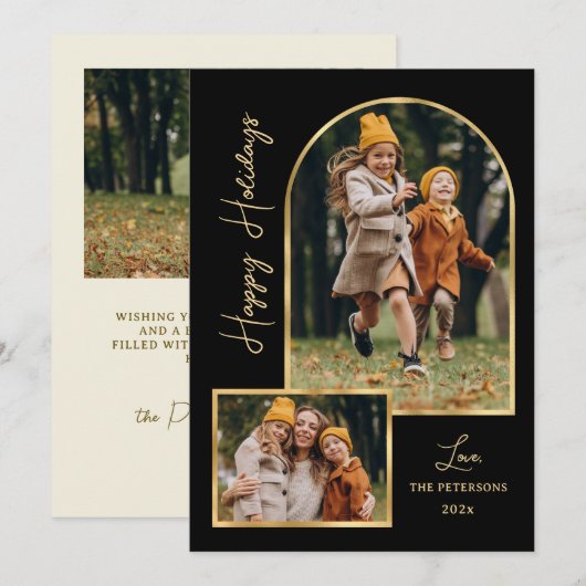 Modern Gold Arch 3 Photo Black Happy Holiday Card Feestdagenkaart (Voorkant / Achterkant)