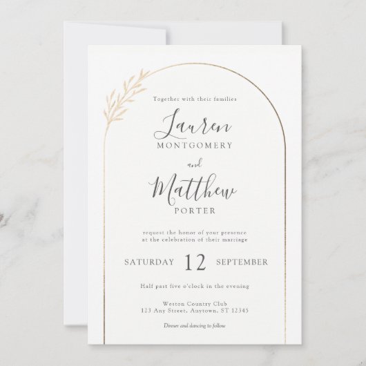 Modern Gold Arch Border met Floral Detail Wedding Kaart (Voorkant)