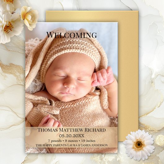 Modern Gold Baby Birth Photo Announcement Kaart