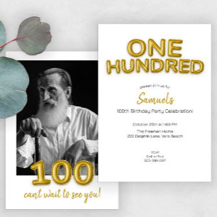 Modern Gold Balloon 100th Birthday Party Photo Kaart