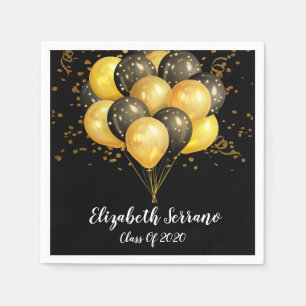 Modern Gold Black Balloons Confetti Afstudeerder P Servet