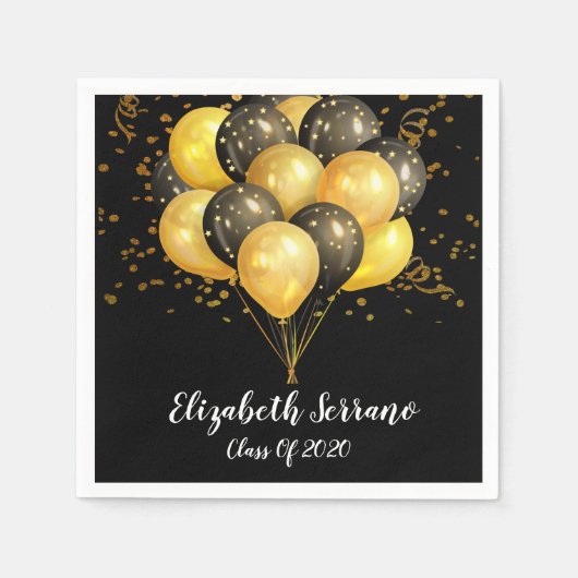 Modern Gold Black Balloons Confetti Afstudeerder P Servet (Voorkant)