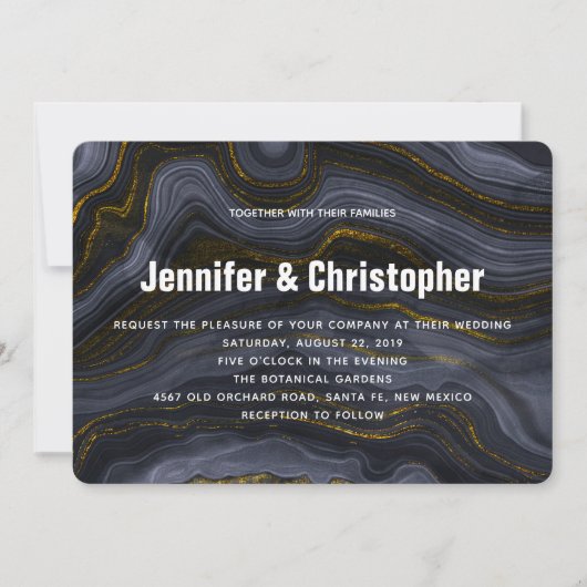 Modern Gold Black Blue-Grey Agate Abstract Wedding Kaart (Voorkant)