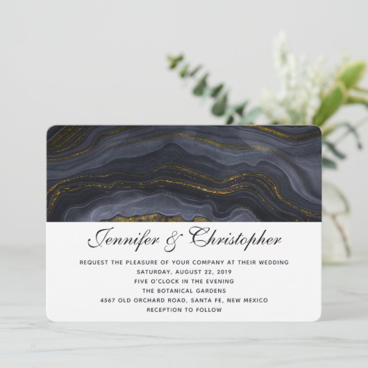 Modern Gold Black Blue-Grey Agate Abstract Wedding Kaart (Staand voorkant)
