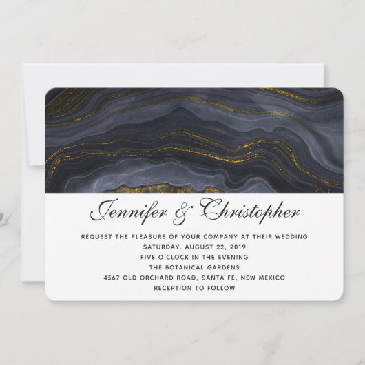 Modern Gold Black Blue-Grey Agate Abstract Wedding Kaart (Voorkant)