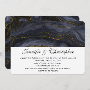 Modern Gold Black Blue-Grey Agate Abstract Wedding Kaart