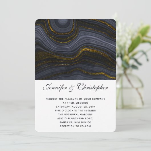 Modern Gold Black Blue-Grey Agate Abstract Wedding Kaart (Staand voorkant)