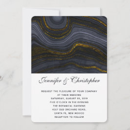 Modern Gold Black Blue-Grey Agate Abstract Wedding Kaart