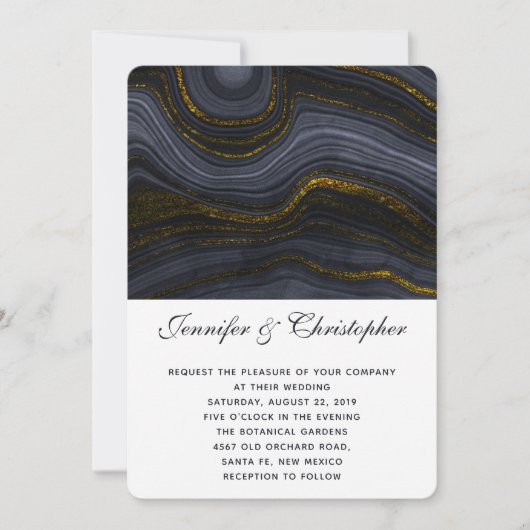 Modern Gold Black Blue-Grey Agate Abstract Wedding Kaart (Voorkant)