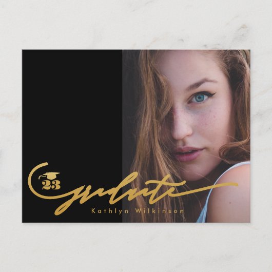 Modern Gold Black Calligraphy Chic Photo AFSTUDEER Aankondigingskaart (Voorkant)