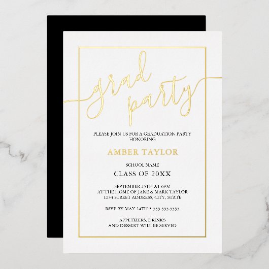 Modern Gold Black Graduation Party Folie Uitnodiging (Voorkant / Achterkant)