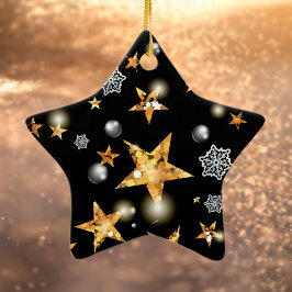 Modern Gold Black Metallic Stars Merry Kerstmis Keramisch Ornament