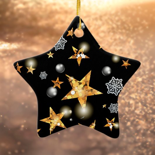 Modern Gold Black Metallic Stars Merry Kerstmis Keramisch Ornament