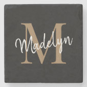 Modern Gold Black Monogram Feminine Script Name Stenen Onderzetter (Voorkant)