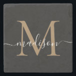 Modern Gold Black Monogram Feminine Script Name Stenen Onderzetter<br><div class="desc">Elegant Goud Zwart Monogram Vrouwelijk Script Naam Steen Onderzetter</div>