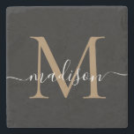 Modern Gold Black Monogram Feminine Script Name Stenen Onderzetter<br><div class="desc">Elegant Goud Zwart Monogram Vrouwelijk Script Naam Steen Onderzetter</div>