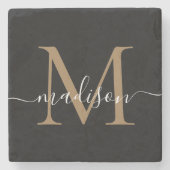 Modern Gold Black Monogram Feminine Script Name Stenen Onderzetter (Voorkant)