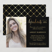 Modern Gold Black Photo Graduparty Kaart (Voorkant / Achterkant)