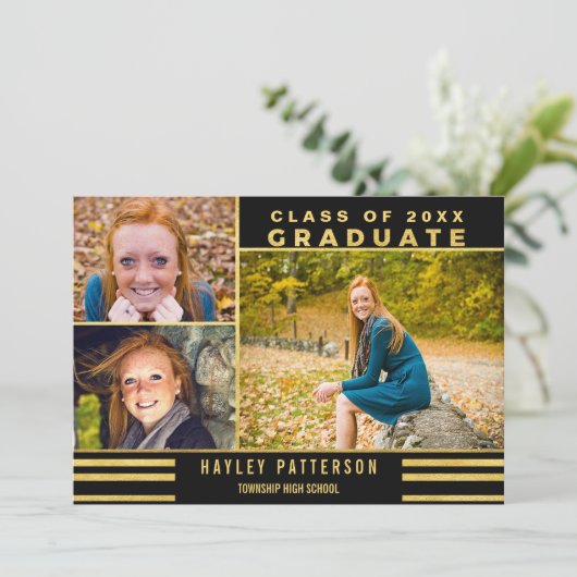 Modern Gold Black Stripes 3 Foto Afstuderen Kaart (Staand voorkant)