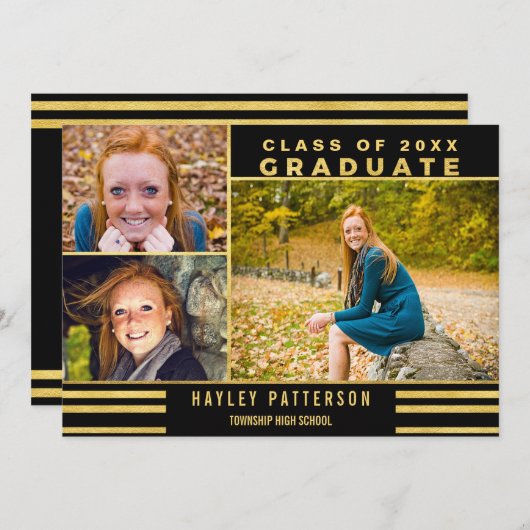 Modern Gold Black Stripes 3 Foto Afstuderen Kaart (Voorkant / Achterkant)