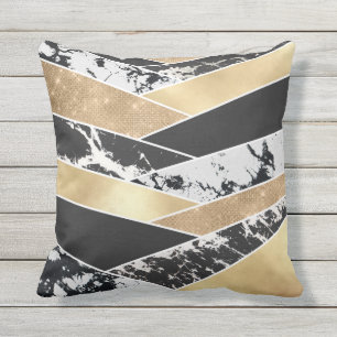 Modern Gold Black White Glitter Marble Geometric Buitenkussen