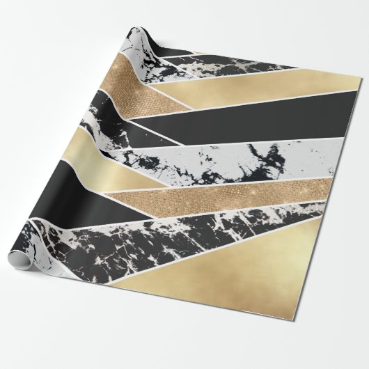 Modern Gold Black White Glitter Marble Geometric Cadeaupapier (Uitgerold)