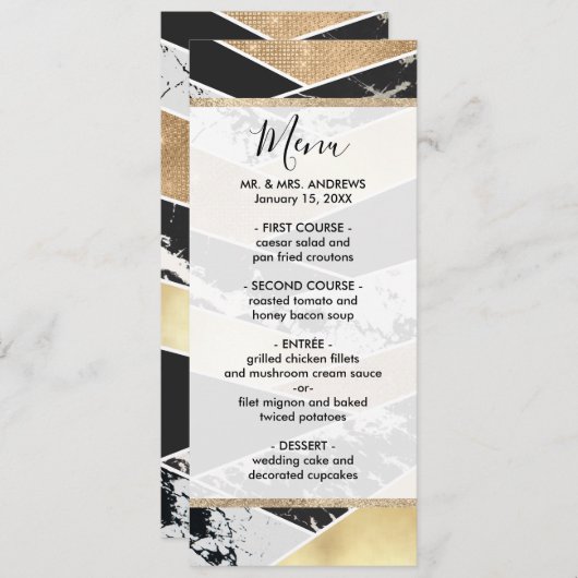 Modern Gold Black White Glitter Marble Geometric Menu (Voorkant / Achterkant)
