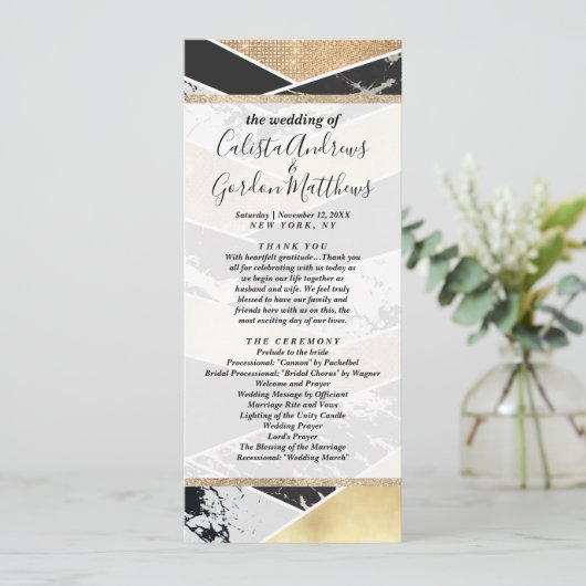 Modern Gold Black White Glitter Marble Geometric Programmakaart (Staand voorkant)