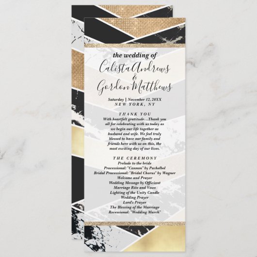Modern Gold Black White Glitter Marble Geometric Programmakaart (Voorkant / Achterkant)