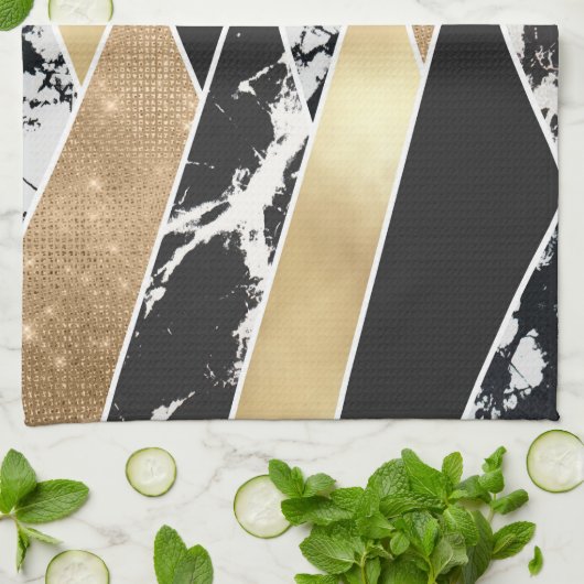 Modern Gold Black White Glitter Marble Geometric Theedoek (Gevouwen)