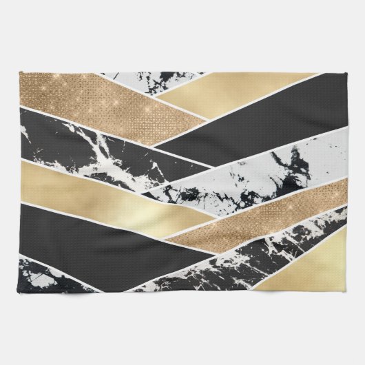 Modern Gold Black White Glitter Marble Geometric Theedoek (Horizontaal)