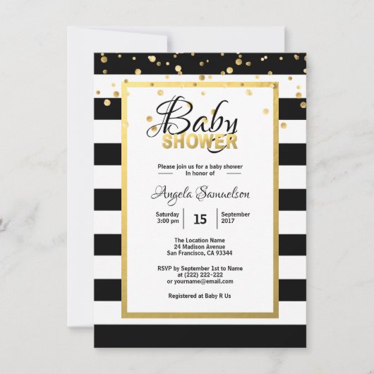 Modern Gold Black White Stripes Baby shower Kaart (Voorkant)